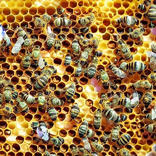 Prompt: inside a beehive, cells, honey, bees, pollen, flowers, close up, highly detailed, digital painting, concept art, artstation, 4k, by Makoto Shinkai, Maya Takamura, and Mandy Jurgens