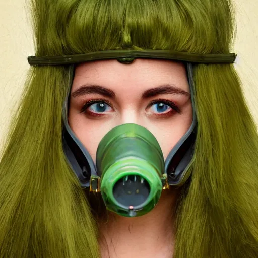 Prompt: i could see her luscious red lips visible through the translucent green gas mask as the yellow sulphur gas swirled around her.