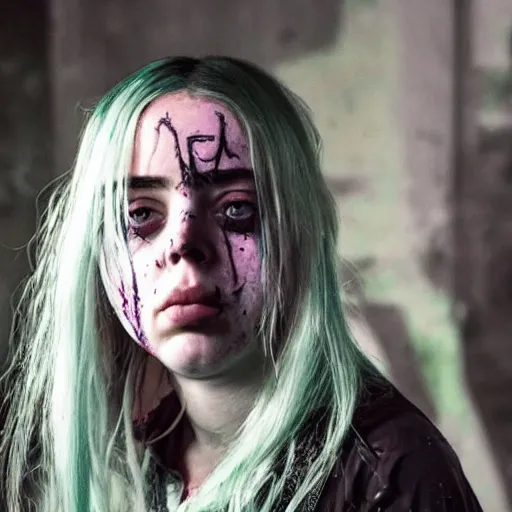 Image similar to Adult Billie Eilish as a zombie slayer, apocalypse, indie movie, movie still