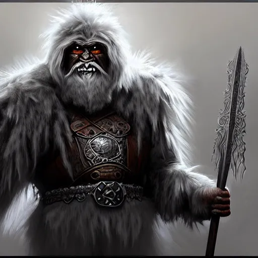 Prompt: d & d concept art matte painting yeti warrior in the style of stefan kostic, realistic, sharp focus, 8 k high definition, insanely detailed, intricate, mysterious, art by stanley lau and artgerm and luis royo