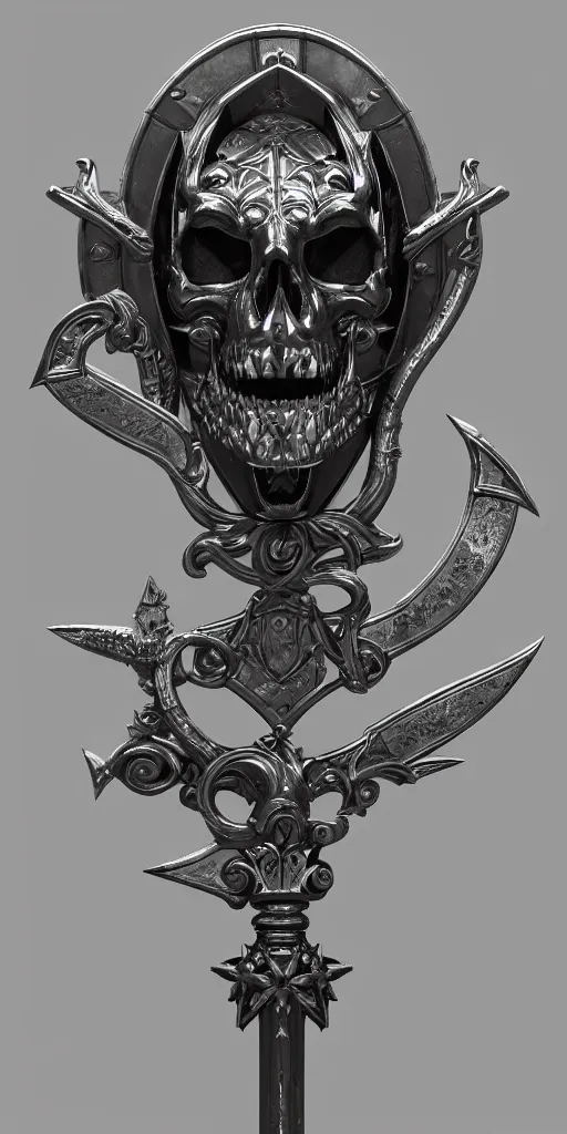 Image similar to a black and silver sword skull crest, ornament, simple weapon, a 3 d render by dom qwek, front side, concept art, trending on polycount, artstation, hard surface modeling, rendered in maya, zbrush, hd, vray, blizzard, symmetry