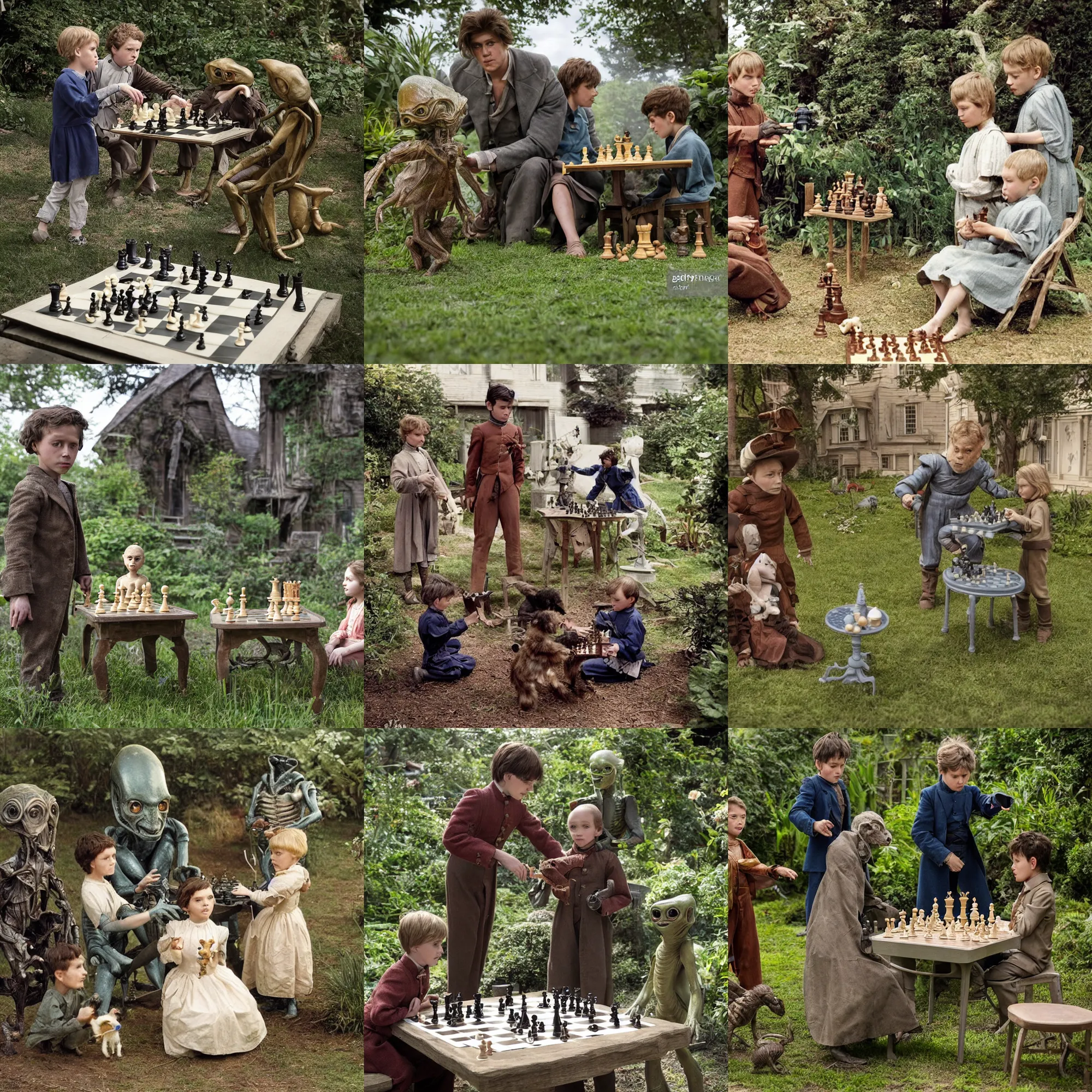 Prompt: sharp, highly detailed, 2048k film, 1400mm film still from a sci fi blockbuster color movie made in 2019, set in 1860, of a boy and a girl playing chess with their small pet humanoid alien creature, in the garden of a house on an alien planet, are all wearing 1860s era clothes, cinematic lighting, in focus, 700mm f/1.4L lens