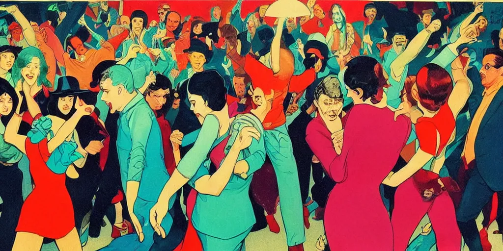 Prompt: a crowd of people dancing underneath a disco ball, risograph by ernie barnes, rex goreleigh, edward hopper, satoshi kon and moebius,, no text!, colorful flat surreal design, super - detailed, a lot of tiny details, fullshot