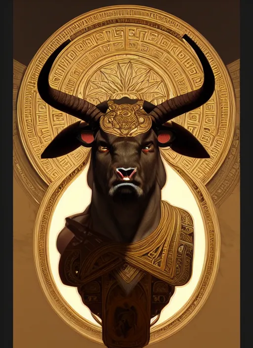 Image similar to symmetry!! portrait of minotaur, ancient greece, intricate, elegant, highly detailed, digital painting, artstation, concept art, smooth, sharp focus, illustration, art by artgerm and greg rutkowski and alphonse mucha, 8 k