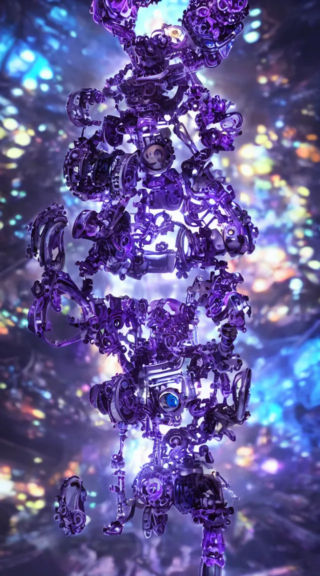 Image similar to toy mechanical monster, hyper detailed, sharp focus, bokeh, unreal engine, ray tracing, cute, fantasy, sci fi, purple flowers, blue flowers, violet flowers, glowing flowers, tiny, small, hyper realistic, sky