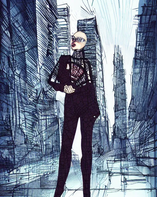 Image similar to cypherpunk fashion illustration, camera face, city street background with high tall buildings, abstract portrait highly detailed, finely detailed