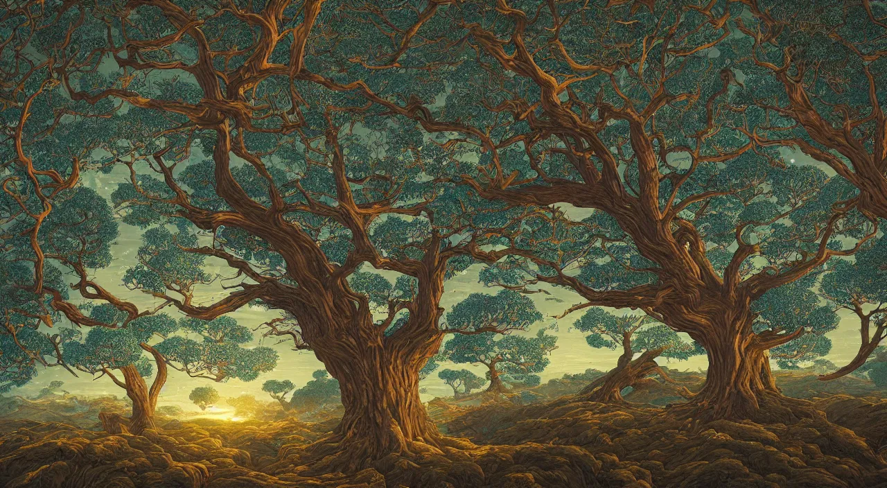 Prompt: A Beautifully Enigmatic Painting of a Dreamy Landscape with a giant oak tree of life by Laurie Greasley, Victo Ngai, Taro Okamoto, Benoit B. Mandelbrot, Caspar David Friedrich, Rich Colours, 4K 64 megapixels 8K resolution HDR Cinema 4D