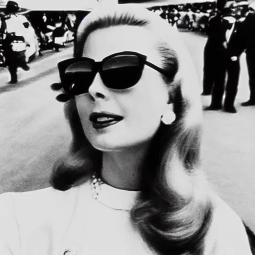 Image similar to selfie smartphone photo of a young Grace Kelly at the Monaco Gran Prix, F1 cars blurred in background, iphone photo, smartphone resolution, trending on instagram, influencer photography