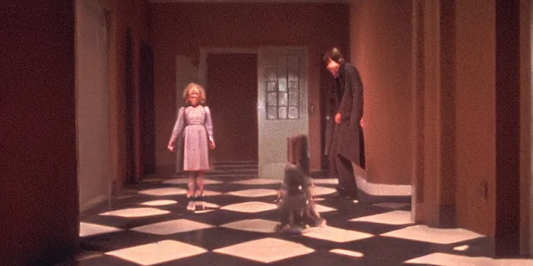 Prompt: photorealistic ultra wide cinematography of danny and wendy torrance from stanley kubrick's 1 9 8 0 film the shining, walking and navigating the overlook hotel's hedge labyrinth shot on 3 5 mm eastman 5 2 4 7 film by the shining cinematographer john alcott shot on a wide kinoptik tegea 9. 8 mm lens. with golden ratio composition