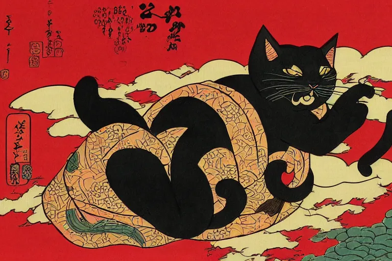 Prompt: cat attacking Tokyo, ukiyo-e print, masterpiece, masterwork, artstation