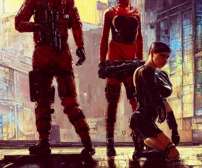 Image similar to Sara evades sgt Griggs. Cyberpunk hacker in red escaping Menacing Cyberpunk police trooper wearing a combat vest. (dystopian, police state, Cyberpunk 2077, bladerunner 2049). Iranian orientalist portrait by john william waterhouse and Edwin Longsden Long and Theodore Ralli and Nasreddine Dinet, oil on canvas. Cinematic, vivid colors, hyper realism, realistic proportions, dramatic lighting, high detail 4k