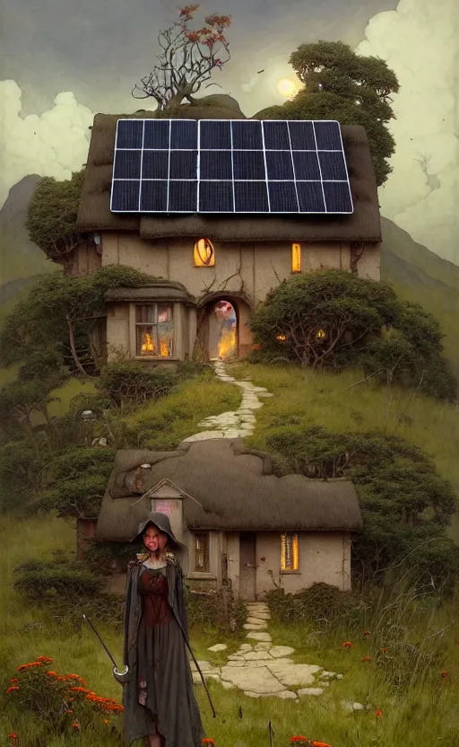 Image similar to a hyper realistic witchy cottage with solar panels on a tall hill, mountains, atmospheric lighting, lush foliage, painting by chiara bautista and tom bagshaw, mucha, beksinski and norman rockwell and greg rutkowski weta studio, and lucasfilm