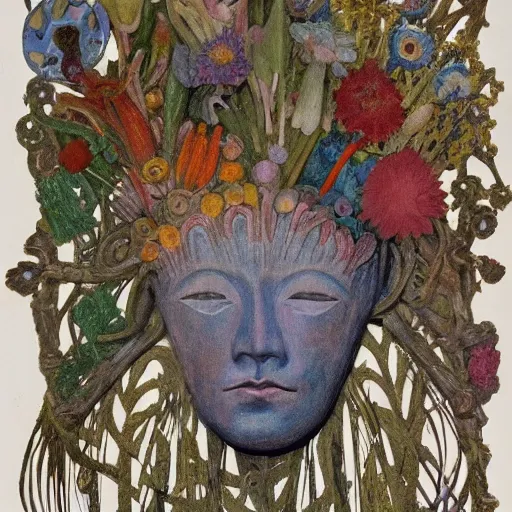 Prompt: closeup of a facemask made of flowers, by annie swynnerton and jean delville and edward hopper and diego rivera and evelyn de morgan and rufino tamayo, dark flower shaman, art brut, outsider art, symbolist, dramatic lighting, god rays, elaborate geometric ornament, clean crisp graphics, smooth sharp focus, extremely detailed, adolf wolfli