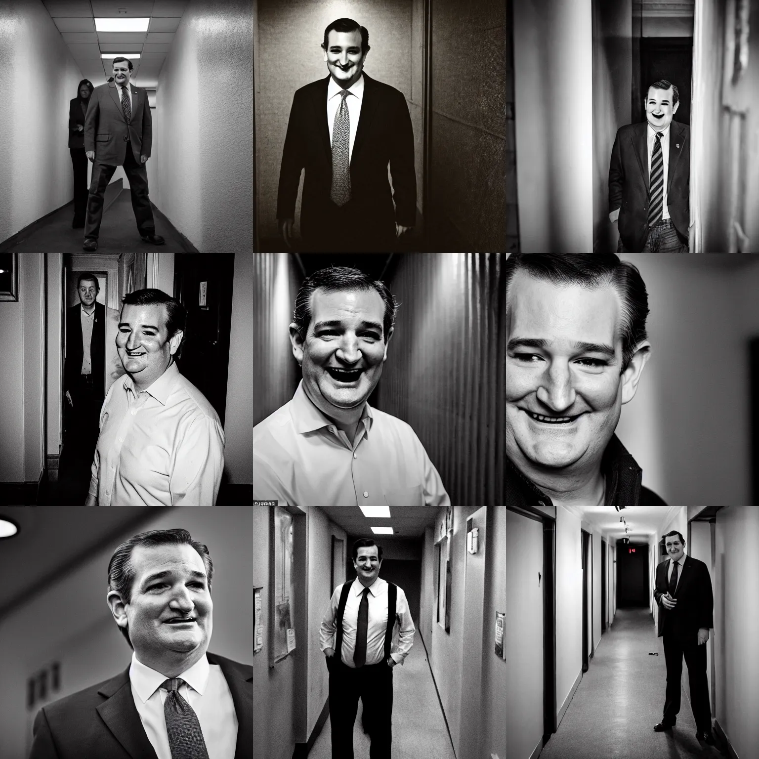 Prompt: Ted Cruz with a wide grin standing at the end of a long narrow corridor, black and white, creepy lighting, highly detailed, scary, horror, eerie, fear