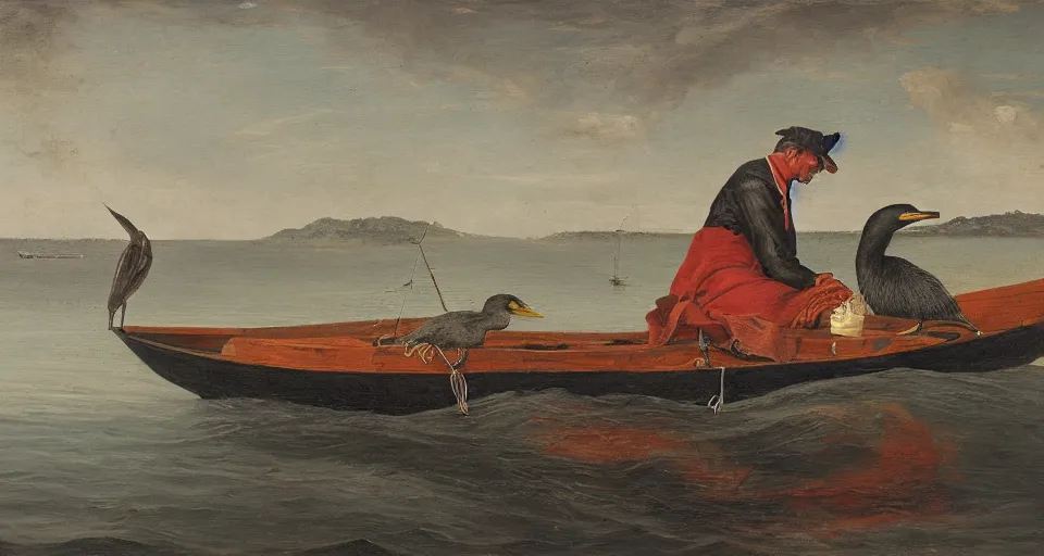 Prompt: painting of a fisherman and a cormorant on a fishing boat in romantic style, sfumato