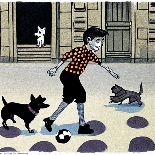 Image similar to book illustration of a french boy on the streets of paris playing football against a corgi, the dog is wearing a polka dot scarf, 1 9 6 6