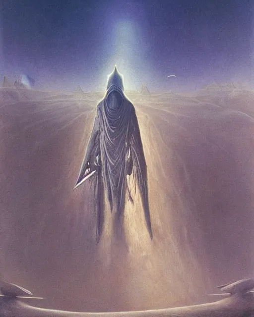 Prompt: paul atreides as emperor of dune, cinematic lighting, mist, sci-fi movie, mystical, oil painting by frank herbert and zdzislaw beksinski