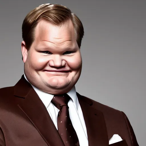 Image similar to Andy Richter is wearing a chocolate brown suit and necktie. He is waking up in his bed on a new bright morning, stretching his arms and his mouth is wide open with a yawn