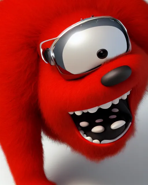 Image similar to 3 d render of completely red hairy friendly antropomorphic creature wearing chrome shades, without nose, grin, full body, standing on 2 feet, in the style of pixar, white background, unreal engine 5, octane render, highly detailed hdr