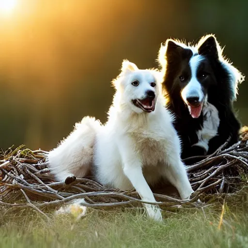 Prompt: a border collie protecting a baby eagle and human infant who are both in a nest in a forest, beautiful, golden hour, impressionist