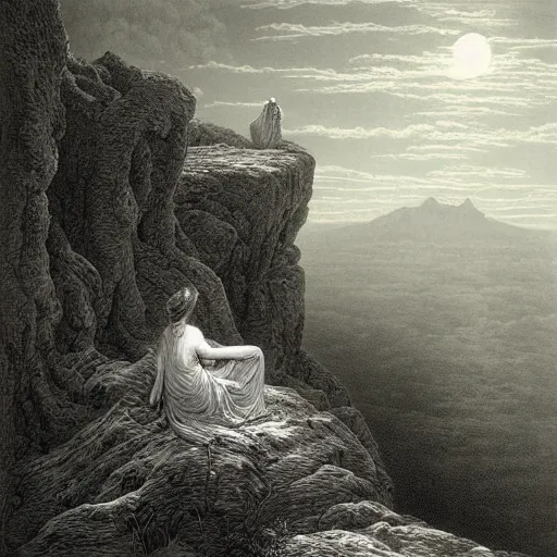 Image similar to A lonely woman, distant city, forest, cliff, gorgeous view, dramatic light, high contrast, illustration by Paul Gustave Doré