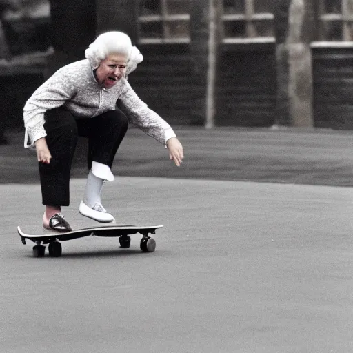 Image similar to queen elisabeth ii doing a kickflip on a skateboard