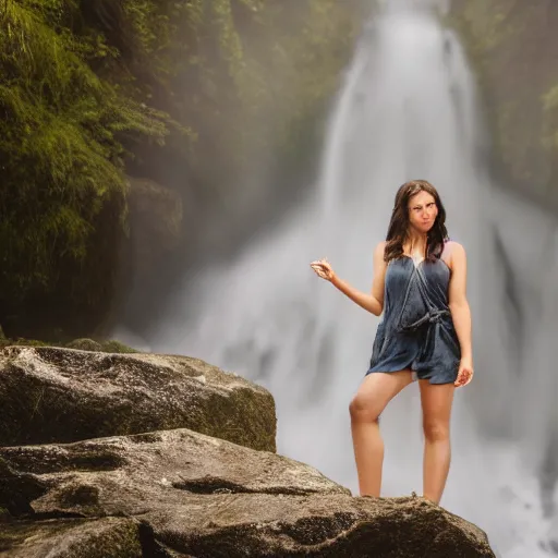 Prompt: a beautiful young woman, standing in a waterfall, hyper realistic, 8k, cinematic lighting, perfect symmetry, DSLR,