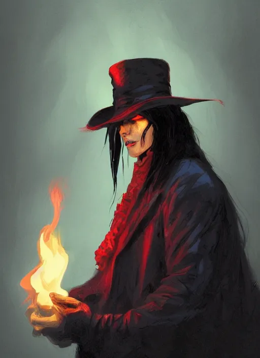 Prompt: a medium shot of a male necromancer with long black hair that covers his eyes wearing a red victorian era coat, backlighting, blue hour, green fire, lit from below with red lighting, high contrast, highly detailed, sharp focus, digital painting, concept art, illustration, trending on artstation, art by greg rutkowski + greg hildebrandt + alphonse mucha
