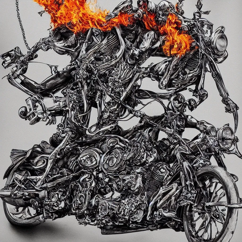 Prompt: rishi sunak skeletal riding a harley davidson, badass, evil, flames, detailed, realistic