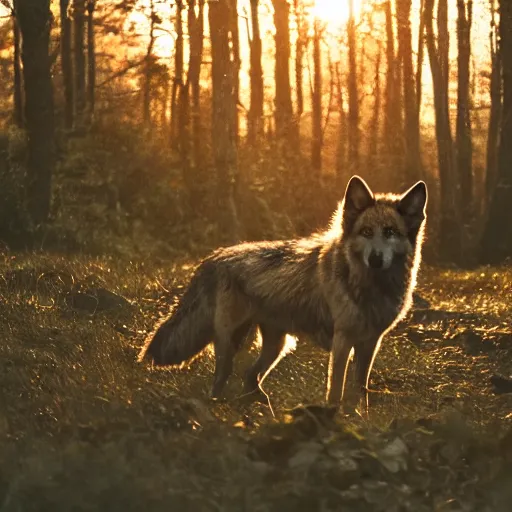 Prompt: werecreature consisting of a wolf and a human, golden hour, photograph captured in a forest
