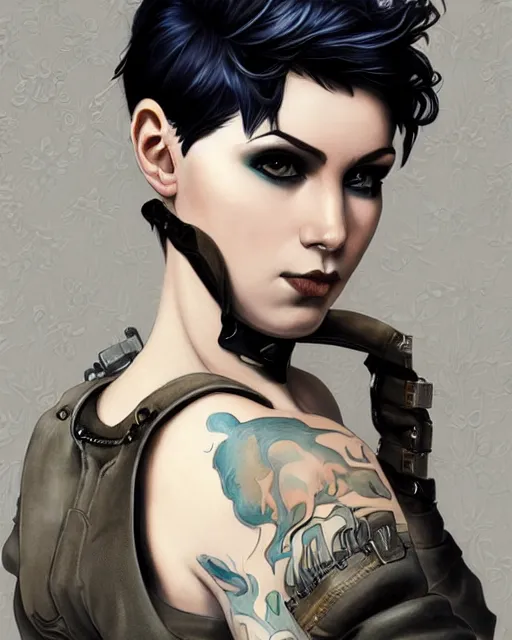 Image similar to a portrait of a beautiful androgynous punk girl with short hair and beautiful eyes, beautiful face, wearing tall combat boots, who is a mechanic wearing baggy leather overalls, digital concept art, detailed digital illustration, by j. c. leyendecker and edward blair leighton and charlie bowater, trending on artstation