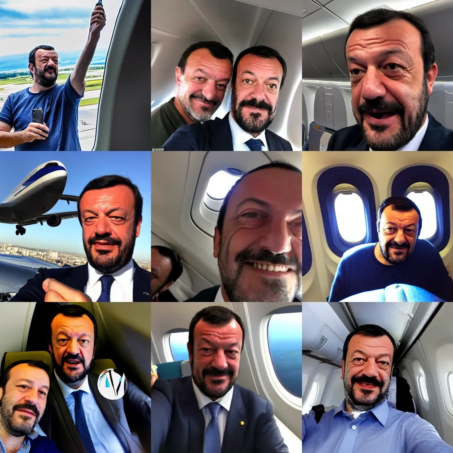 Prompt: Salvini takes a selfie on a plane whit twin towers collapsing on the background thought the window 11 september