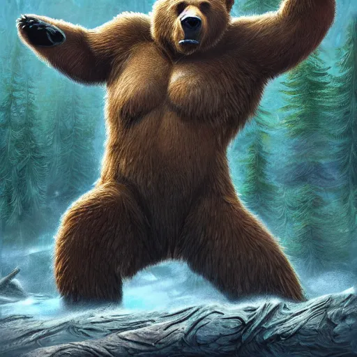 Image similar to one ferocious giant grizzly bear monster with 4 arms in a forest, fantasy concept art, by greg rutowski, detailed, epic pose