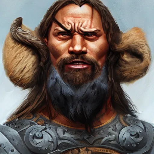 Image similar to dwayne johnson as viking with long beard, portrait, behance hd artstation, style of jesper ejsing