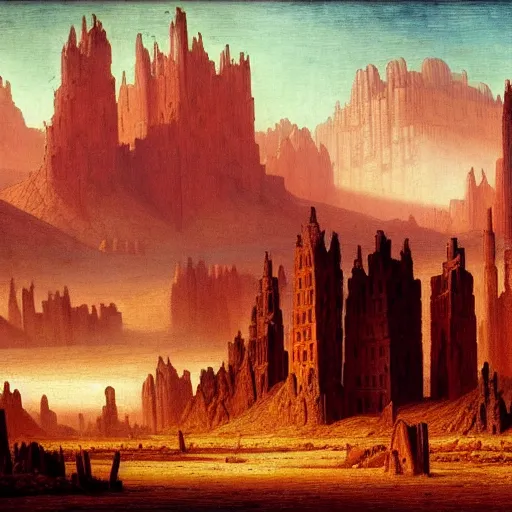 Image similar to concept art of the desert valley surrounded by mountains with a small towers on top of it | red lake with a destroyed antic building in the centre | german romanticism style, hyper - realism, narrative realism, art by johfra bosschart | high details, panoramic view | trending on artstation