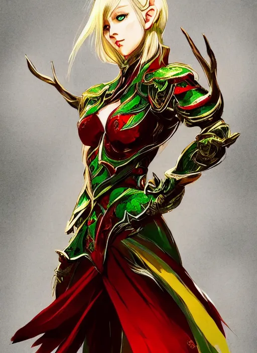 Prompt: Full body portrait of a beautiful young blonde short haired elven princess wearing red, green and gold armour robe. In style of Yoji Shinkawa and Hyung-tae Kim, trending on ArtStation, dark fantasy, great composition, concept art, highly detailed.