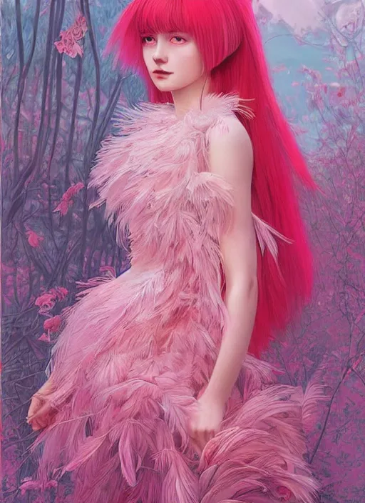 Image similar to beautiful teen girl with an eccentric pink haircut wearing an dress made of feathers, artwork made by ilya kuvshinov, inspired in donato giancola