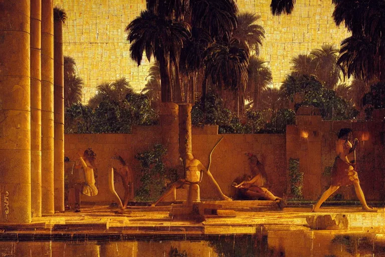 Prompt: painting of the ancient egypt at nigth, raining, full moon, romantic, by ludwig deutsch and maxfield parrish, patterned tilework, extremely detailed, cinematic lighting, smooth sharp focus