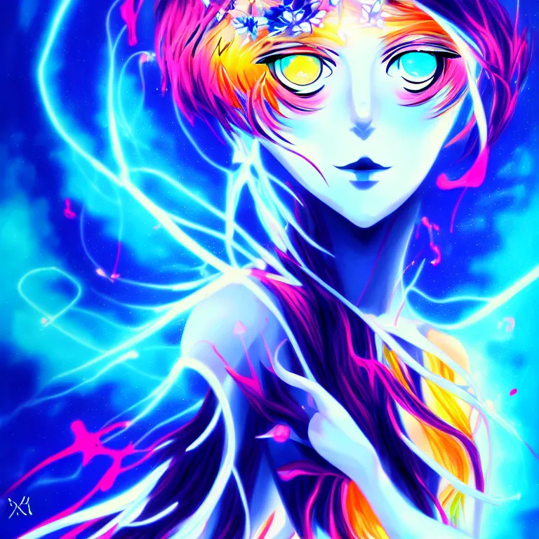 Image similar to abstract expressionism painting of a stunning anime goddess of light + blue eyes + blak glowing flowers, colorful atoms, misty, artwork by [ xsullo ]. trending on artstation