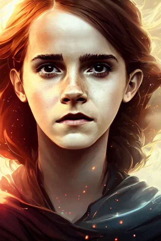 Image similar to Poster artwork, Emma Watson as Hermione Granger, fading, dissolving into light, vanishing, magnificent, medium shot, close up, details, sharp focus, elegant, highly detailed, illustration, by Jordan Grimmer and greg rutkowski and PiNe(パイネ) and 薯子Imoko and 香川悠作 and wlop!! and maya takamura, intricate, beautiful, Trending artstation, pixiv, digital Art