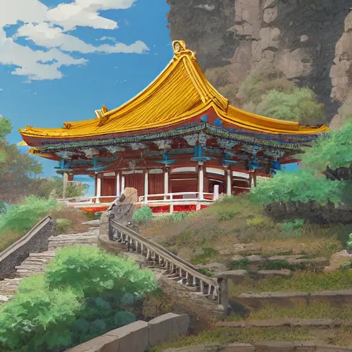 Prompt: concept art painting of a greek and japanese temple on a mountain cliff, overlooking a cozy village in a valley, realistic, detailed, cel shaded, in the style of makoto shinkai and greg rutkowski and james gurney