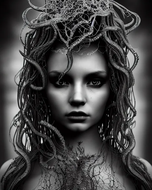 Image similar to surreal mythical dreamy dark artistic black and white fine art photo of a beautiful young female medusa - cyborg covered with lace fish scales and translucent algae, highly detailed, intricate crystal ivy jelly fish scales ornate, lace web, poetic, octane render, 8 k, photo - realistic