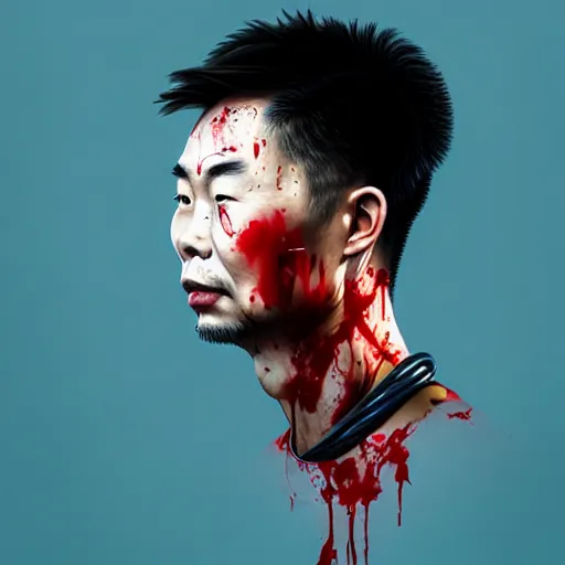 Image similar to portrait of a chinese man :: side profile :: oxygen mask :: blood and ocean intricate details :: 8k :: by vikings and Sandra Chevrier