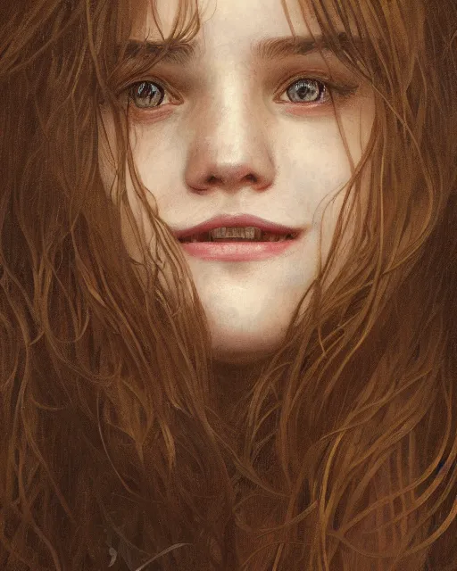 Prompt: close up portrait of 1 5 - year - old girl, smile with large front teeth, hermione, very bushy brown hair, and very bright brown eyes, wearing white shirt, hyper realistic face, beautiful eyes, close up, fantasy art, in the style of greg rutkowski, intricate, alphonse mucha, hyper detailed, smooth