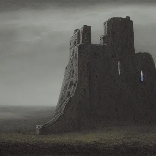 Prompt: ruined tower atop a hill, painting, john martin, Zdzisław Beksiński, masterpiece, landscape, moody, atmospheric