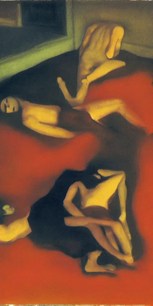 Prompt: lovers melting into bed, sleepers, embrace, dreaming bodies, void of darkness, polaroid film, Edward Hopper, vibrating eerie palette of Mark Rothko, Peter Doig