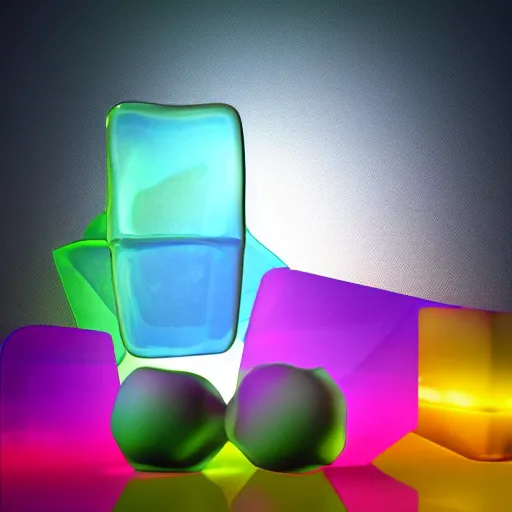 Image similar to 3 d render, magic translucent 3 d shapes, caustics, studio lighting, gemstone, magical, glowing, fruit candy, gushers, soft 3 d geometrical shapes, juicy, octane render, soft, high definition, beautiful mesh gradient colors, 1. 0 transmission, visual particles and static surrounding, clean aesthetic, blender, redshift, white background, ethereal