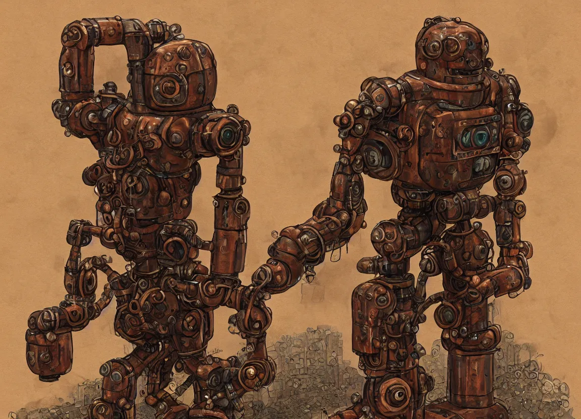 Prompt: ( ( rock golem with ( copper pipes ) ) in steampunk style ) as a robot like in ( iron harvest ), digital painting )