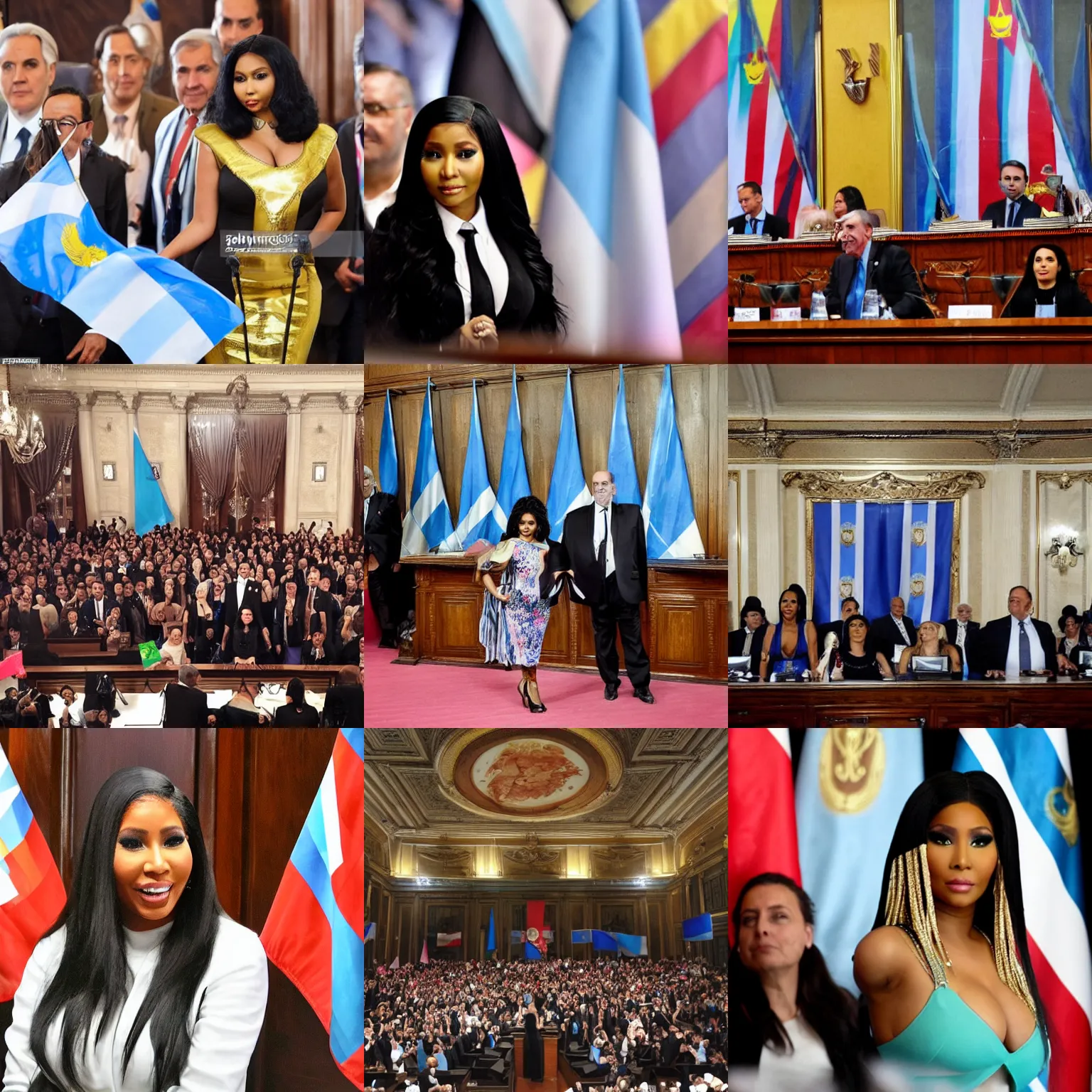 Image similar to Nicki Minaj president of Argentina, in the Argentine Congress, flags of Argentina behind, detailed picture