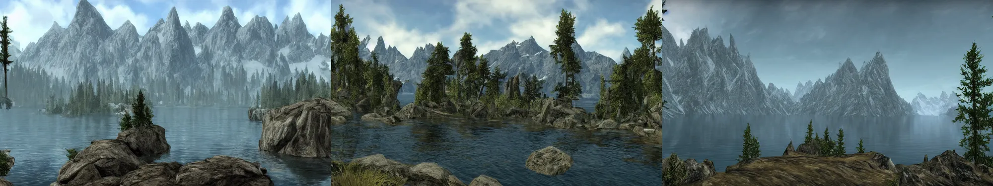 Prompt: mountains, trees, and lake, from skyrim